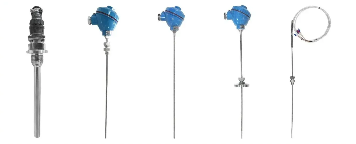 Sensor RTD berpelindung dengan beberapa konfigurasi probe dan koneksi industri.